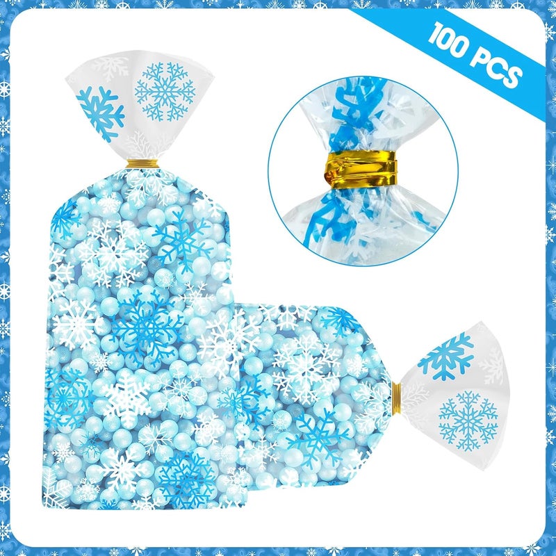 Litmitfu 100 Pcs Winter Snowflake Treat Bags - Christmas Gift Bags, Blue White Plastic Snowflakes Cello Candy Goodie Cookie Snack Cellophane Bag with Twist Ties for Xmas Holiday Winter Wonderland Party Favors - Image 3
